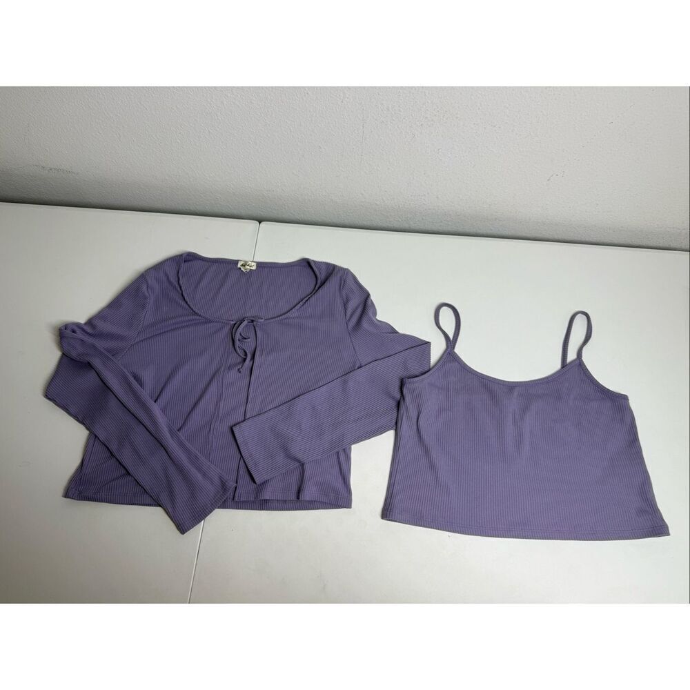 Derek Heart Set of 2 pcs Cropped Cardigan + Tank Top Purple Ribbed Size L